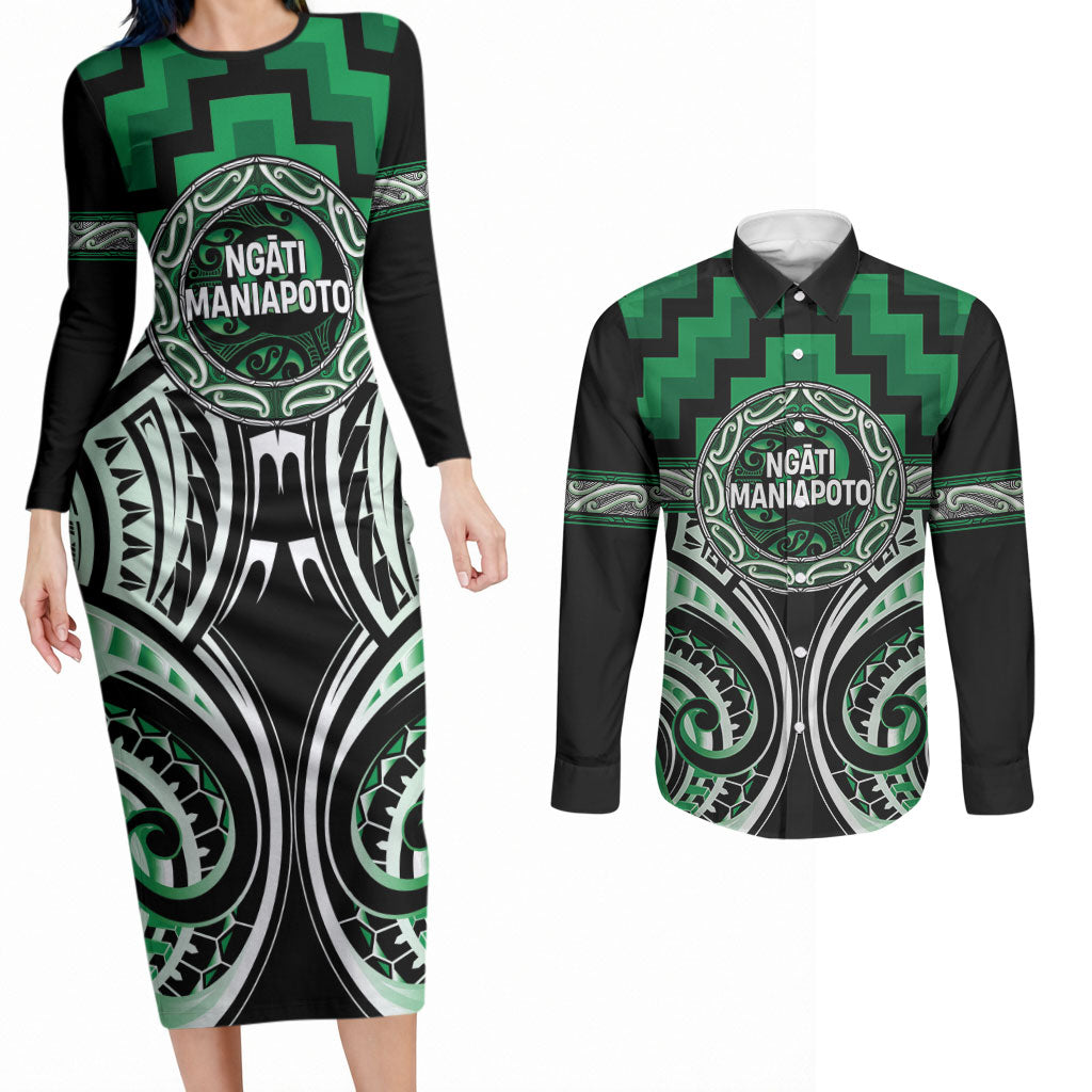 Aotearoa Ngati Maniapoto Personalised Couples Matching Long Sleeve Bodycon Dress and Long Sleeve Button Shirt Maori Iwi Poutama Puhoro Tattoo