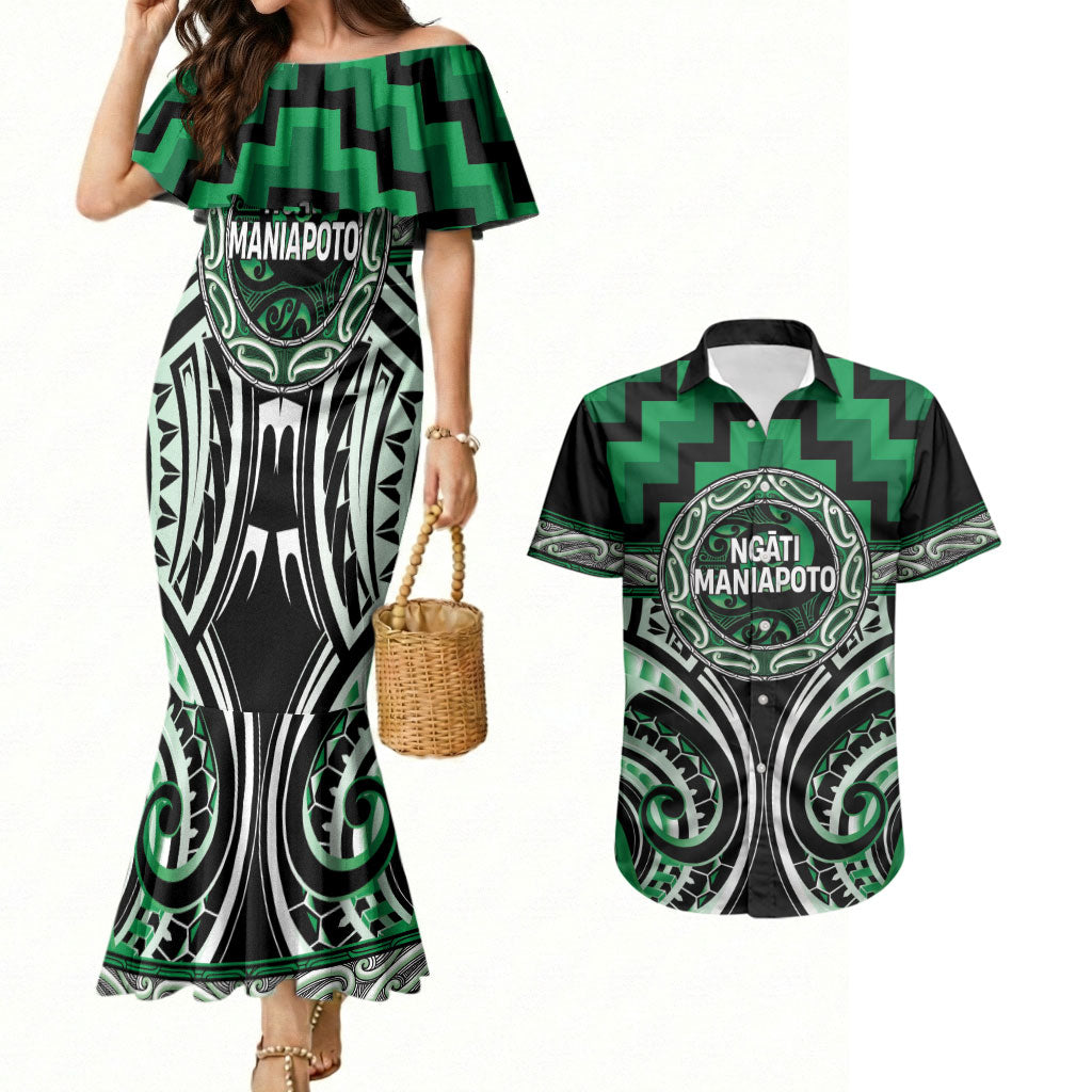 Aotearoa Ngati Maniapoto Personalised Couples Matching Mermaid Dress and Hawaiian Shirt Maori Iwi Poutama Puhoro Tattoo