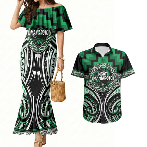 Aotearoa Ngati Maniapoto Personalised Couples Matching Mermaid Dress and Hawaiian Shirt Maori Iwi Poutama Puhoro Tattoo