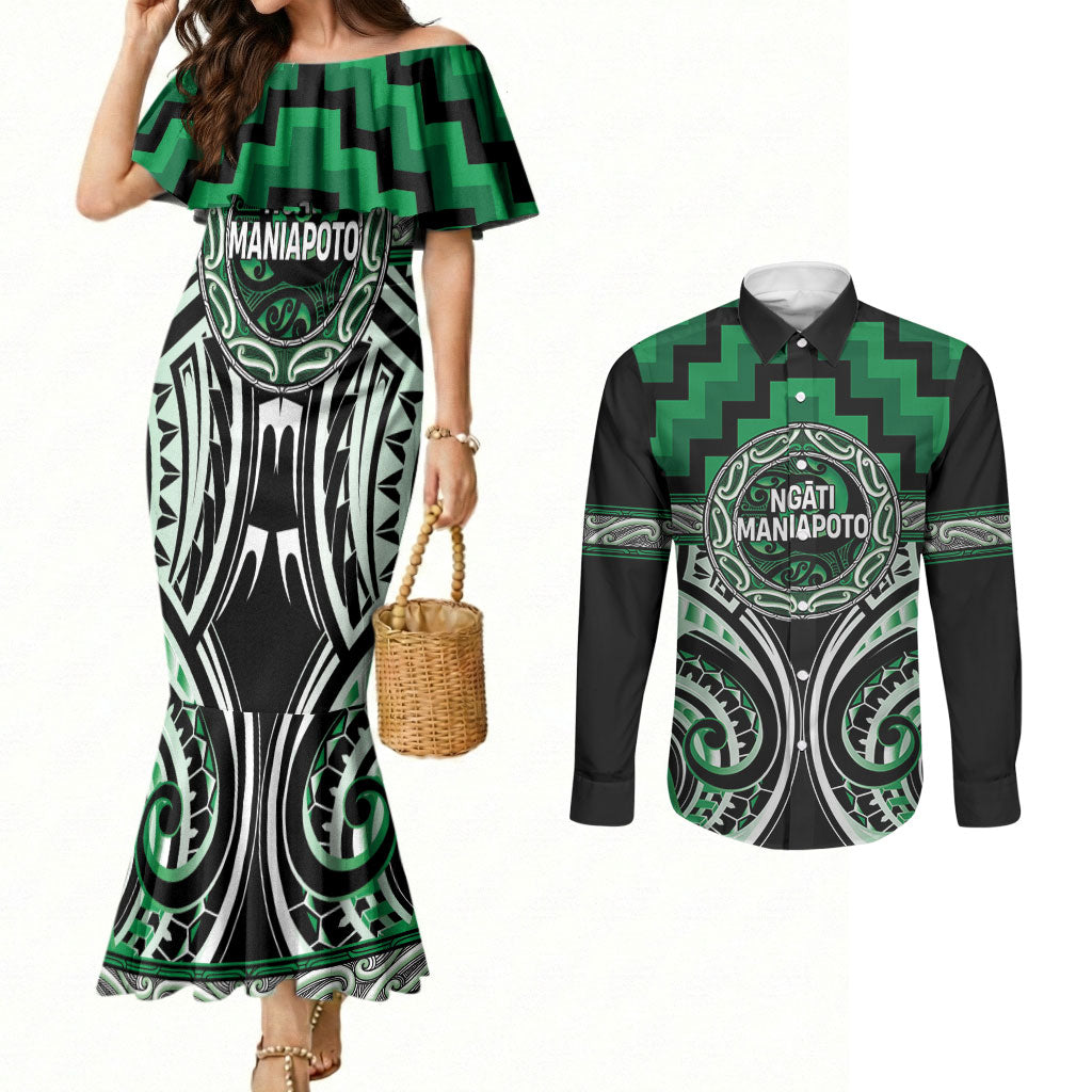Aotearoa Ngati Maniapoto Personalised Couples Matching Mermaid Dress and Long Sleeve Button Shirt Maori Iwi Poutama Puhoro Tattoo