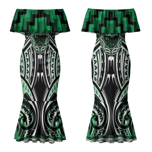 Aotearoa Ngati Maniapoto Personalised Couples Matching Mermaid Dress and Long Sleeve Button Shirt Maori Iwi Poutama Puhoro Tattoo