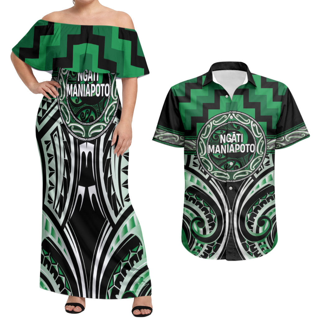 Aotearoa Ngati Maniapoto Personalised Couples Matching Off Shoulder Maxi Dress and Hawaiian Shirt Maori Iwi Poutama Puhoro Tattoo