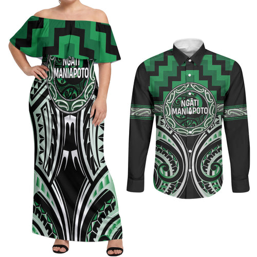 Aotearoa Ngati Maniapoto Personalised Couples Matching Off Shoulder Maxi Dress and Long Sleeve Button Shirt Maori Iwi Poutama Puhoro Tattoo