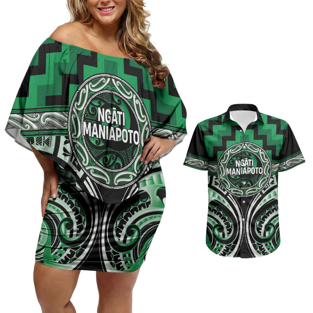 Aotearoa Ngati Maniapoto Personalised Couples Matching Off Shoulder Short Dress and Hawaiian Shirt Maori Iwi Poutama Puhoro Tattoo