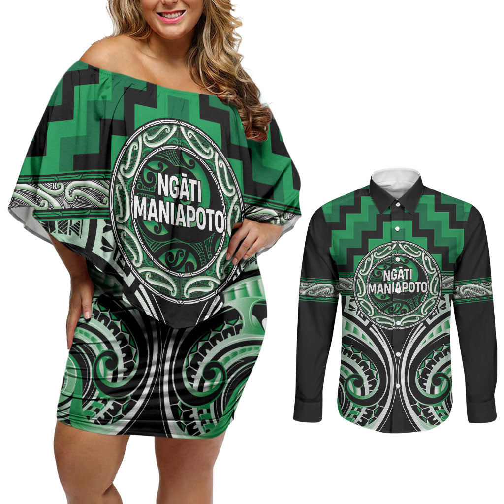 Aotearoa Ngati Maniapoto Personalised Couples Matching Off Shoulder Short Dress and Long Sleeve Button Shirt Maori Iwi Poutama Puhoro Tattoo