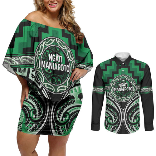 Aotearoa Ngati Maniapoto Personalised Couples Matching Off Shoulder Short Dress and Long Sleeve Button Shirt Maori Iwi Poutama Puhoro Tattoo