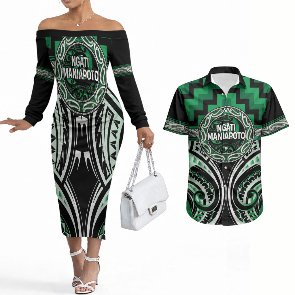 Aotearoa Ngati Maniapoto Personalised Couples Matching Off The Shoulder Long Sleeve Dress and Hawaiian Shirt Maori Iwi Poutama Puhoro Tattoo