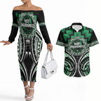 Aotearoa Ngati Maniapoto Personalised Couples Matching Off The Shoulder Long Sleeve Dress and Hawaiian Shirt Maori Iwi Poutama Puhoro Tattoo