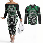 Aotearoa Ngati Maniapoto Personalised Couples Matching Off The Shoulder Long Sleeve Dress and Long Sleeve Button Shirt Maori Iwi Poutama Puhoro Tattoo