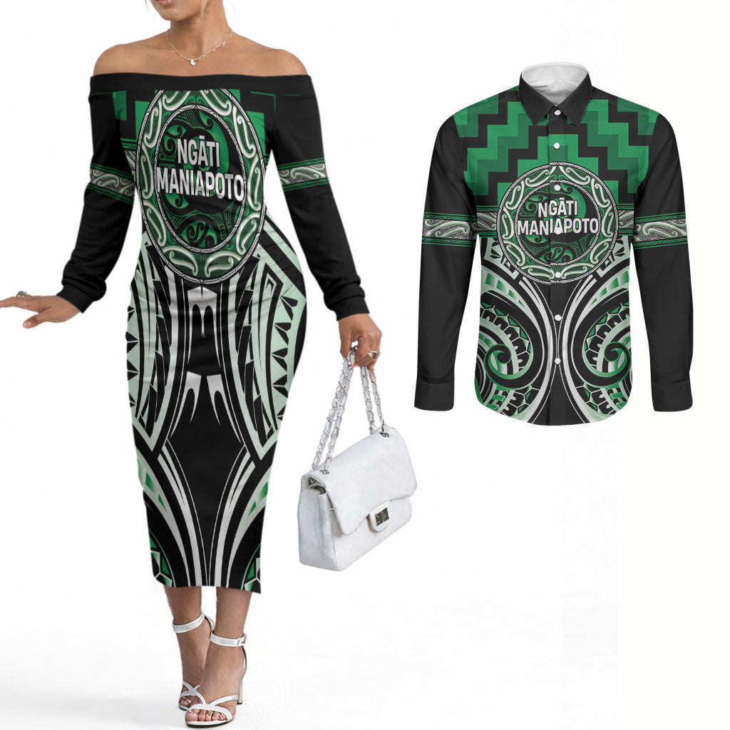 Aotearoa Ngati Maniapoto Personalised Couples Matching Off The Shoulder Long Sleeve Dress and Long Sleeve Button Shirt Maori Iwi Poutama Puhoro Tattoo