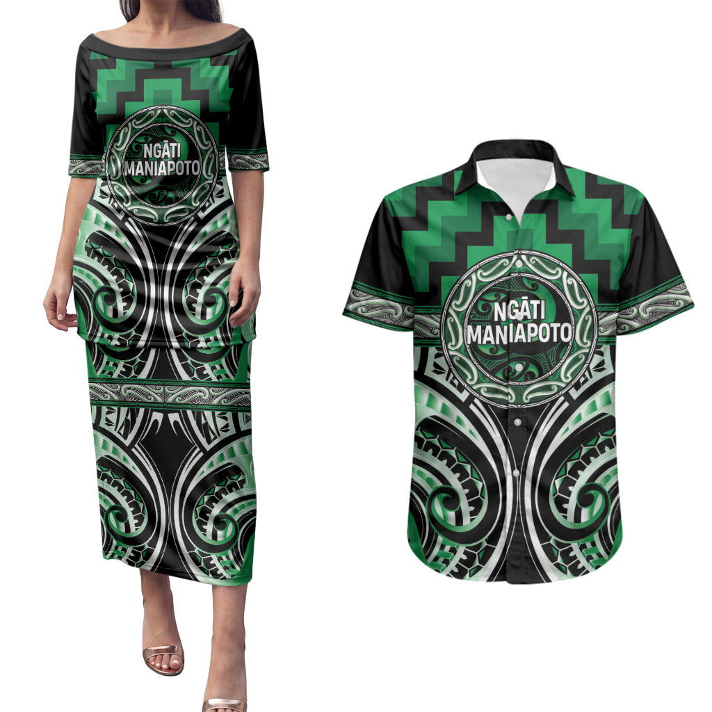 Aotearoa Ngati Maniapoto Personalised Couples Matching Puletasi and Hawaiian Shirt Maori Iwi Poutama Puhoro Tattoo