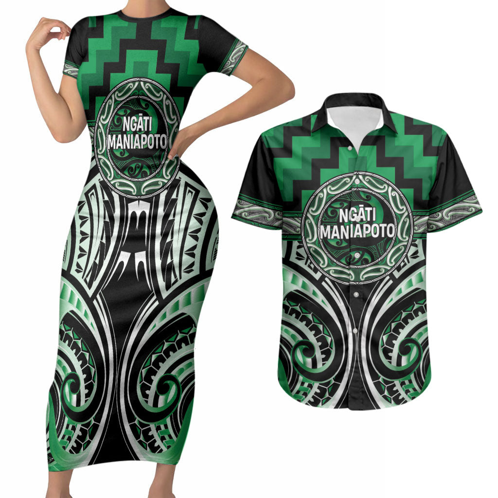 Aotearoa Ngati Maniapoto Personalised Couples Matching Short Sleeve Bodycon Dress and Hawaiian Shirt Maori Iwi Poutama Puhoro Tattoo