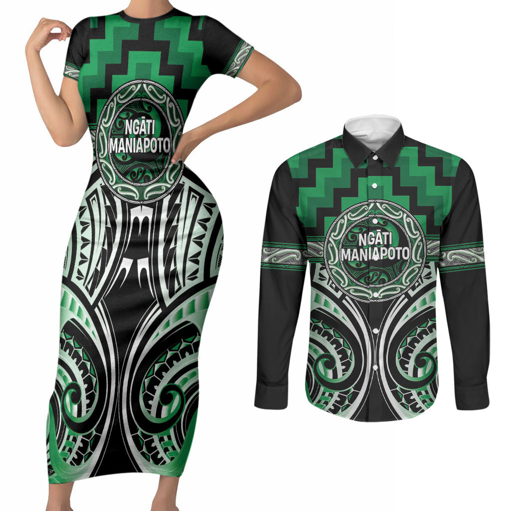 Aotearoa Ngati Maniapoto Personalised Couples Matching Short Sleeve Bodycon Dress and Long Sleeve Button Shirt Maori Iwi Poutama Puhoro Tattoo