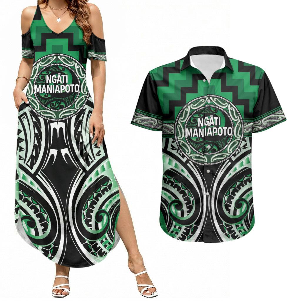 Aotearoa Ngati Maniapoto Personalised Couples Matching Summer Maxi Dress and Hawaiian Shirt Maori Iwi Poutama Puhoro Tattoo
