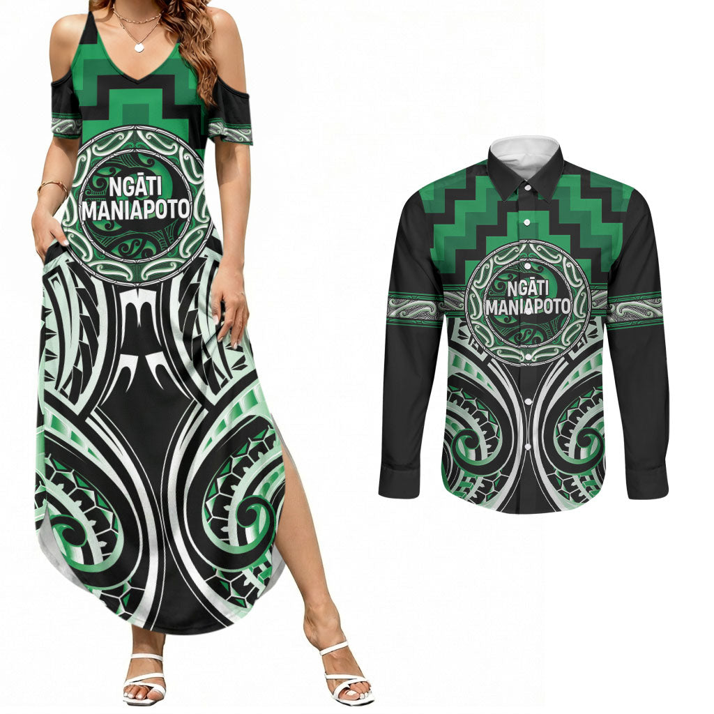 Aotearoa Ngati Maniapoto Personalised Couples Matching Summer Maxi Dress and Long Sleeve Button Shirt Maori Iwi Poutama Puhoro Tattoo