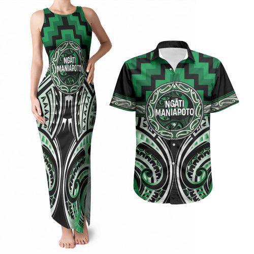 Aotearoa Ngati Maniapoto Personalised Couples Matching Tank Maxi Dress and Hawaiian Shirt Maori Iwi Poutama Puhoro Tattoo