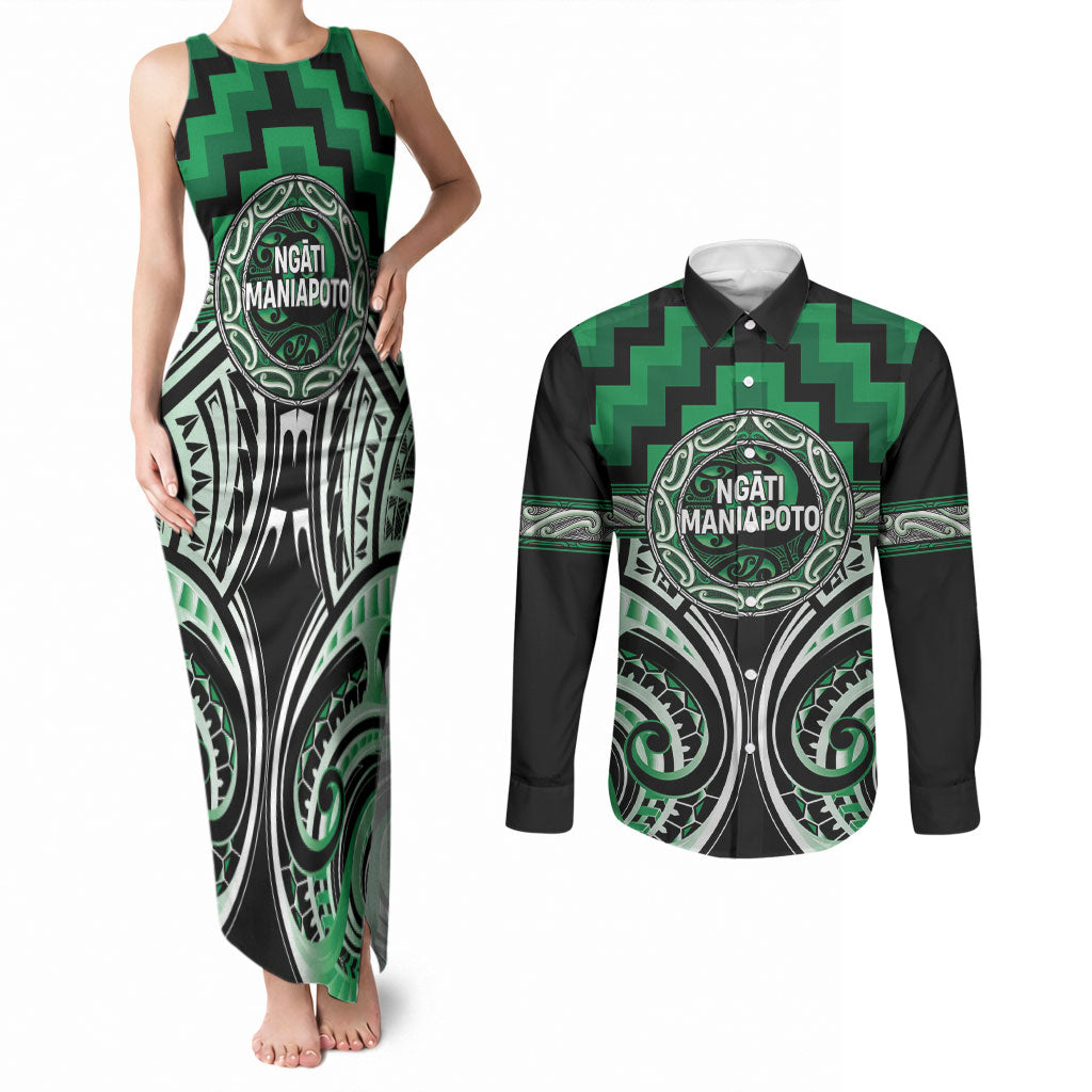 Aotearoa Ngati Maniapoto Personalised Couples Matching Tank Maxi Dress and Long Sleeve Button Shirt Maori Iwi Poutama Puhoro Tattoo