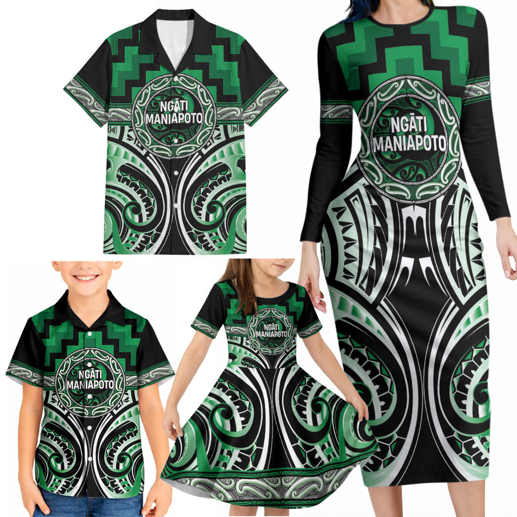 Aotearoa Ngati Maniapoto Personalised Family Matching Long Sleeve Bodycon Dress and Hawaiian Shirt Maori Iwi Poutama Puhoro Tattoo