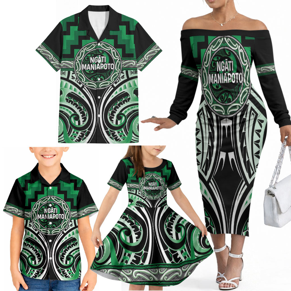 Aotearoa Ngati Maniapoto Personalised Family Matching Off The Shoulder Long Sleeve Dress and Hawaiian Shirt Maori Iwi Poutama Puhoro Tattoo