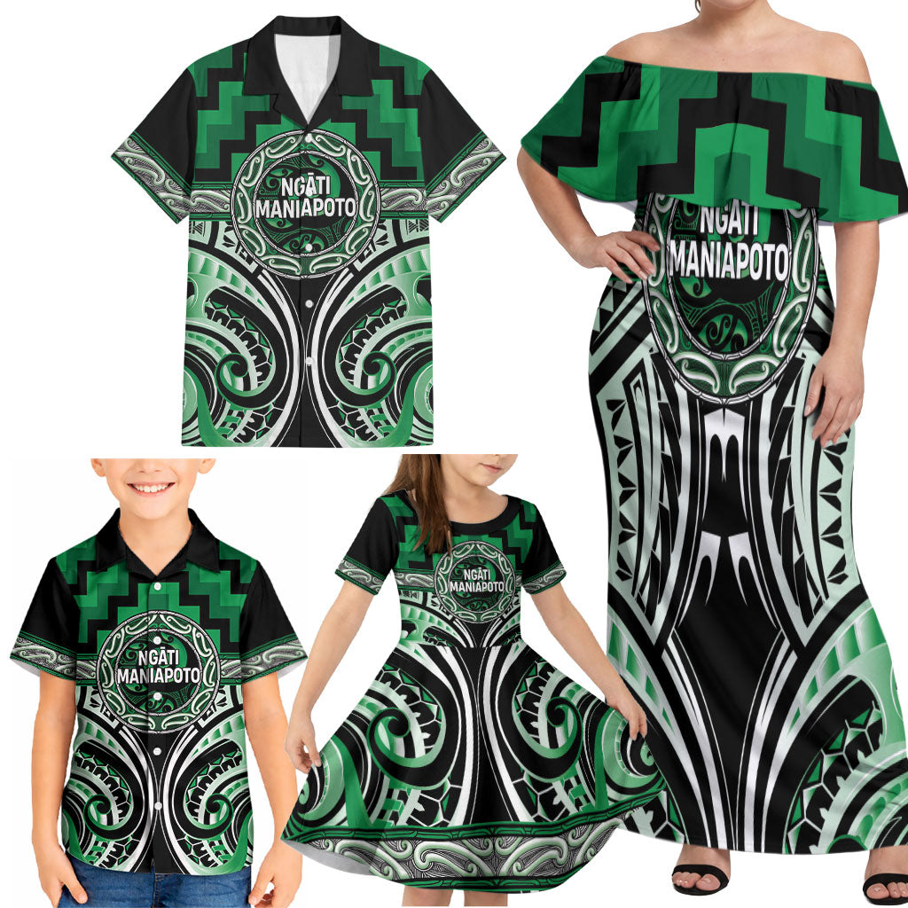 Aotearoa Ngati Maniapoto Personalised Family Matching Off Shoulder Maxi Dress and Hawaiian Shirt Maori Iwi Poutama Puhoro Tattoo