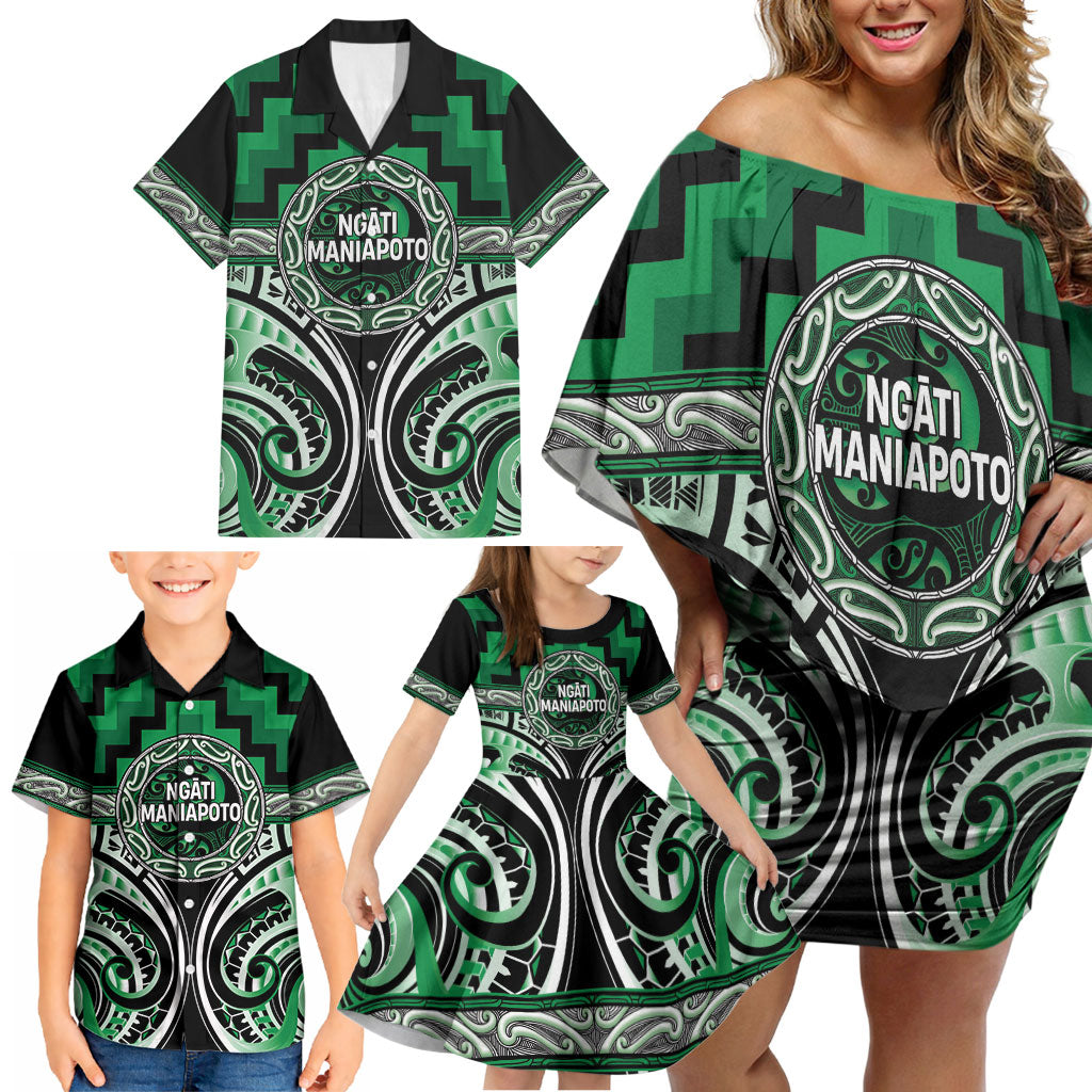 Aotearoa Ngati Maniapoto Personalised Family Matching Off Shoulder Short Dress and Hawaiian Shirt Maori Iwi Poutama Puhoro Tattoo