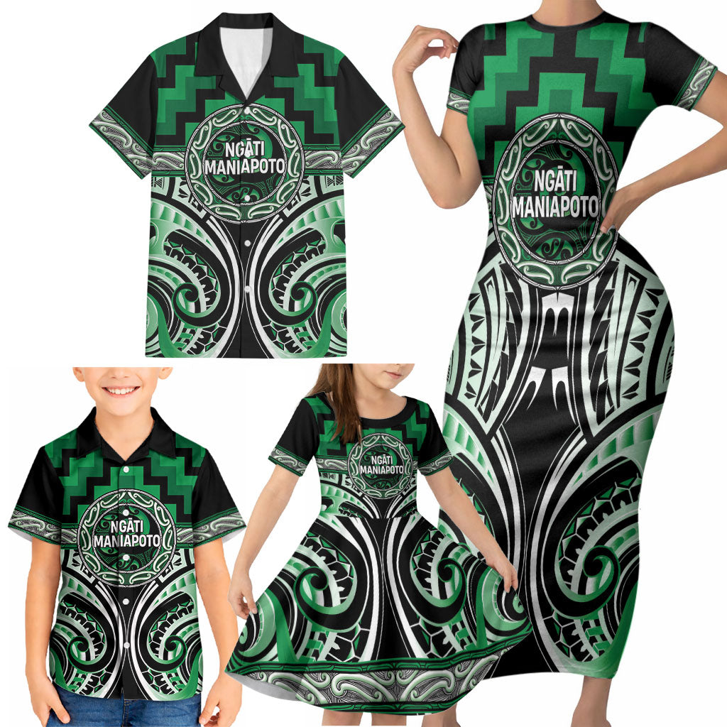Aotearoa Ngati Maniapoto Personalised Family Matching Short Sleeve Bodycon Dress and Hawaiian Shirt Maori Iwi Poutama Puhoro Tattoo