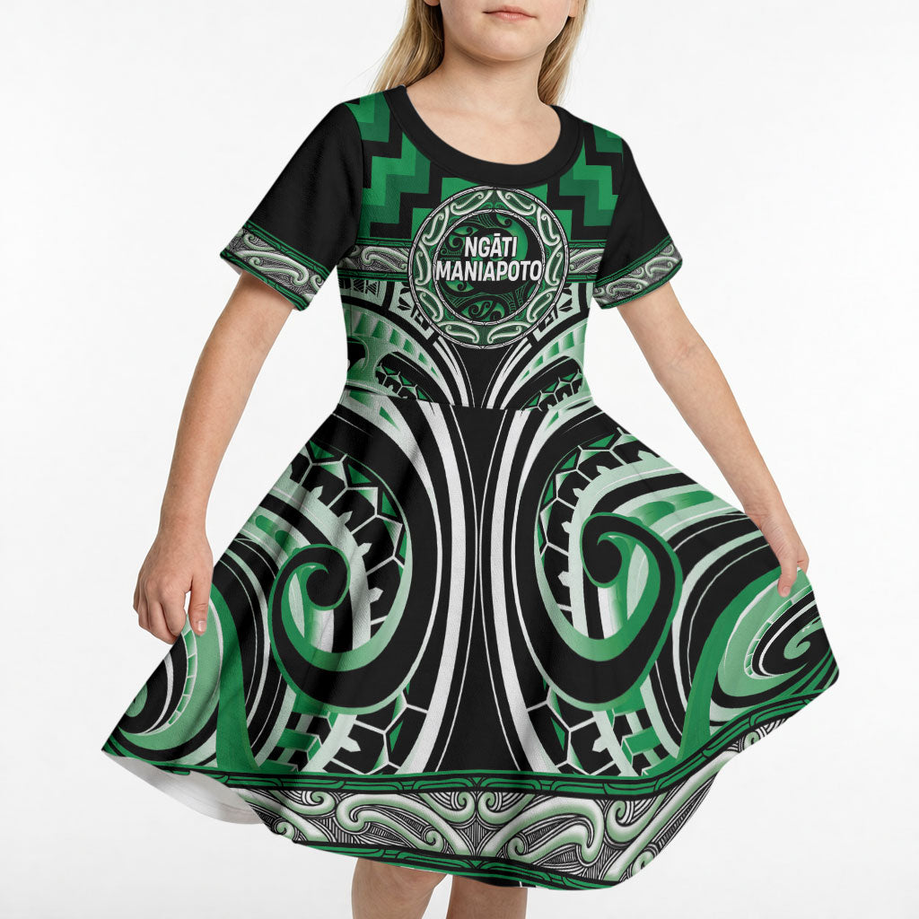 Aotearoa Ngati Maniapoto Personalised Kid Short Sleeve Dress Maori Iwi Poutama Puhoro Tattoo