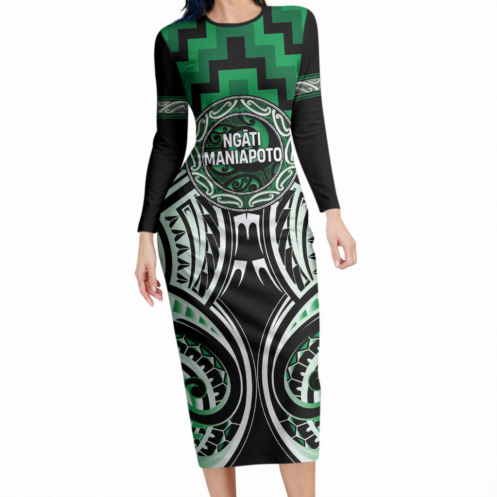Aotearoa Ngati Maniapoto Personalised Long Sleeve Bodycon Dress Maori Iwi Poutama Puhoro Tattoo