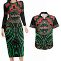 Aotearoa Ngai Tuhoe Personalised Couples Matching Long Sleeve Bodycon Dress and Hawaiian Shirt Maori Iwi Poutama Puhoro Tattoo