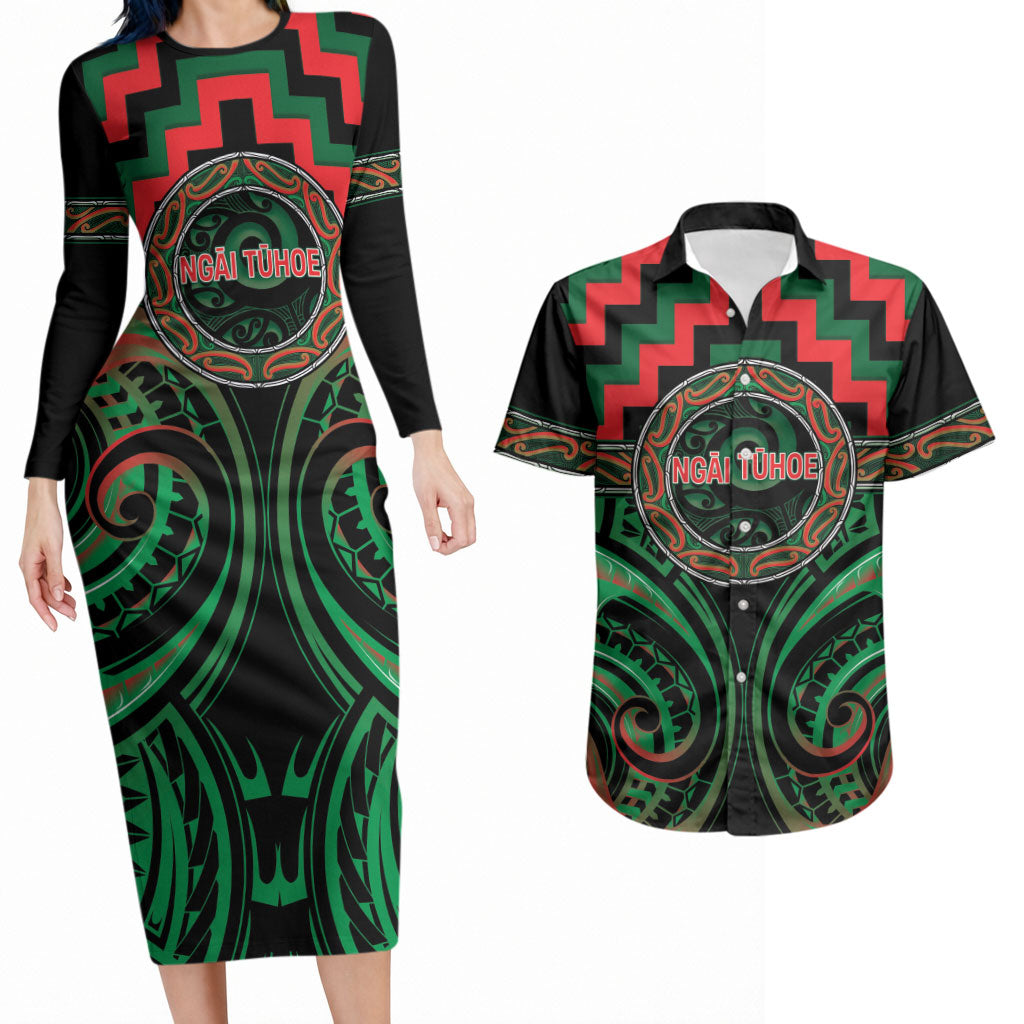 Aotearoa Ngai Tuhoe Personalised Couples Matching Long Sleeve Bodycon Dress and Hawaiian Shirt Maori Iwi Poutama Puhoro Tattoo