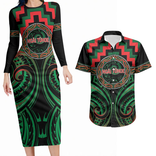 Aotearoa Ngai Tuhoe Personalised Couples Matching Long Sleeve Bodycon Dress and Hawaiian Shirt Maori Iwi Poutama Puhoro Tattoo
