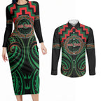 Aotearoa Ngai Tuhoe Personalised Couples Matching Long Sleeve Bodycon Dress and Long Sleeve Button Shirt Maori Iwi Poutama Puhoro Tattoo