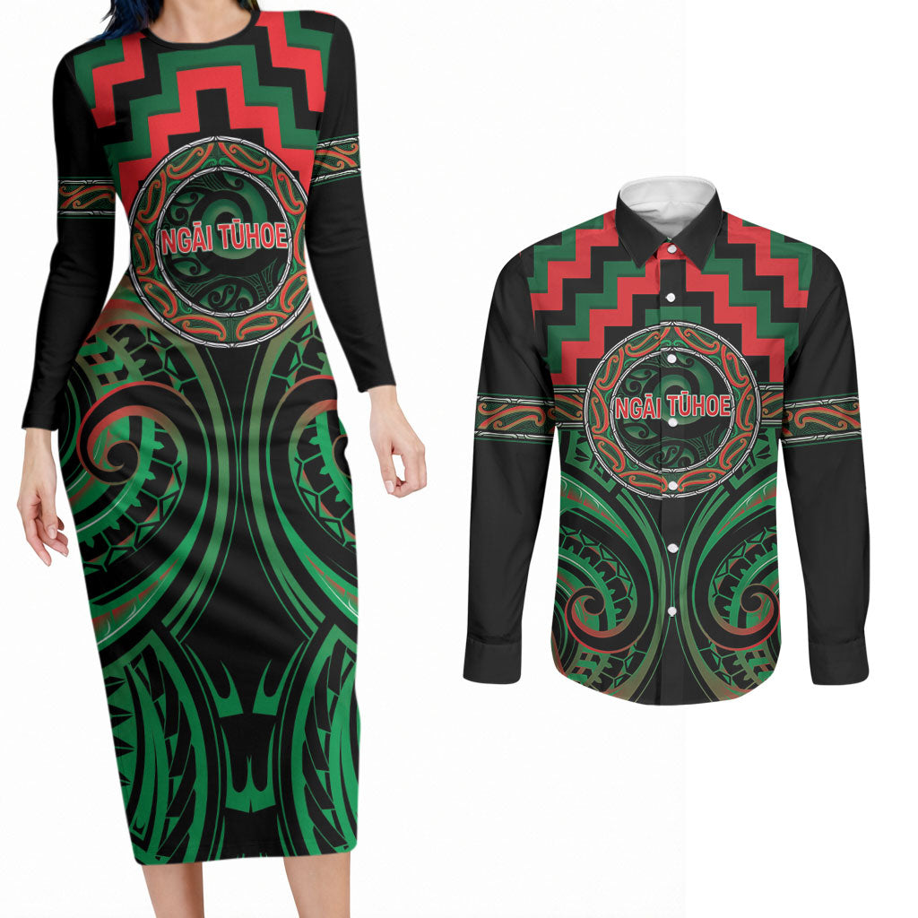 Aotearoa Ngai Tuhoe Personalised Couples Matching Long Sleeve Bodycon Dress and Long Sleeve Button Shirt Maori Iwi Poutama Puhoro Tattoo