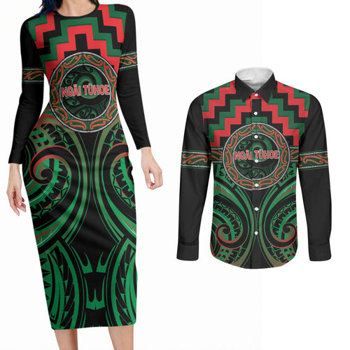 Aotearoa Ngai Tuhoe Personalised Couples Matching Long Sleeve Bodycon Dress and Long Sleeve Button Shirt Maori Iwi Poutama Puhoro Tattoo