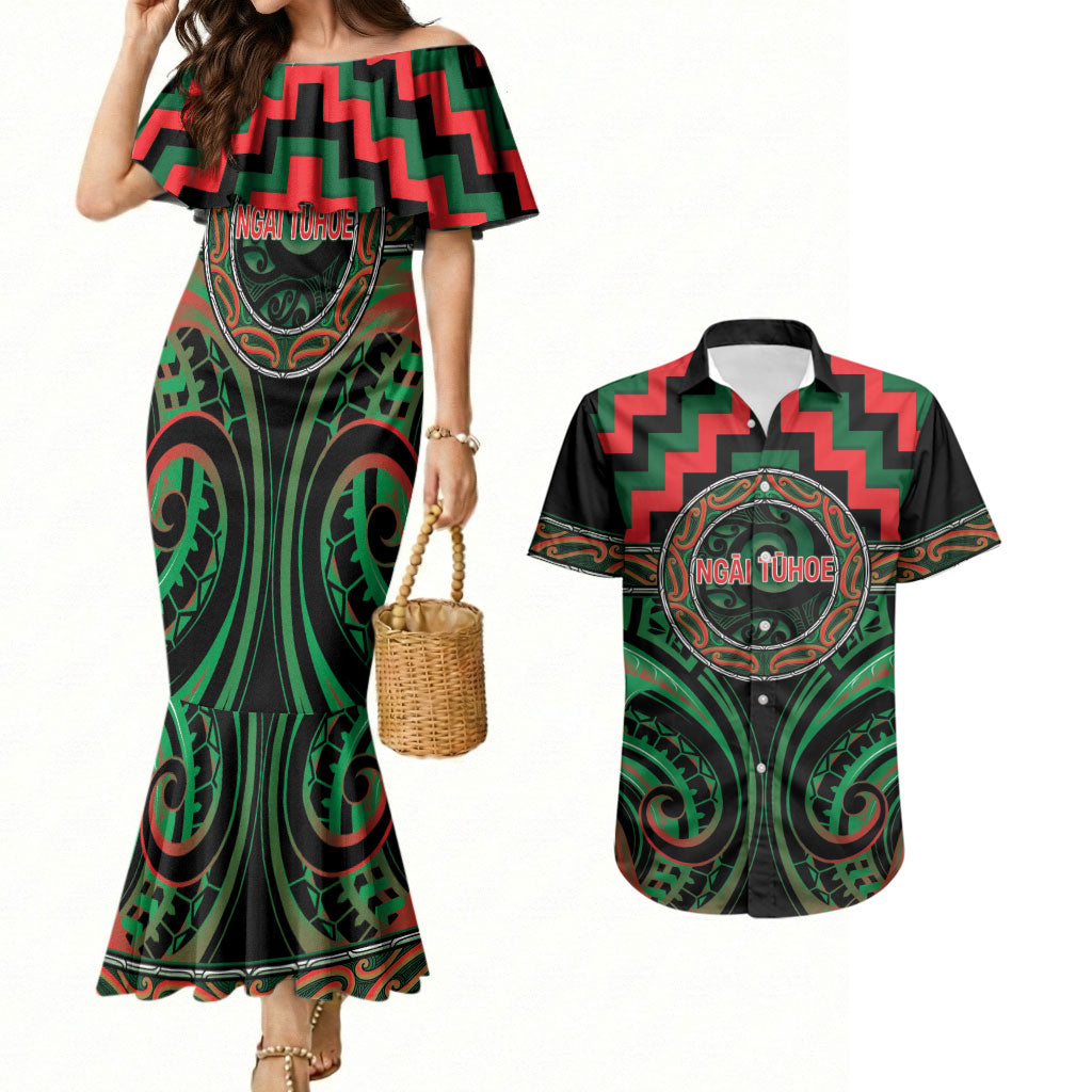 Aotearoa Ngai Tuhoe Personalised Couples Matching Mermaid Dress and Hawaiian Shirt Maori Iwi Poutama Puhoro Tattoo