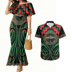 Aotearoa Ngai Tuhoe Personalised Couples Matching Mermaid Dress and Hawaiian Shirt Maori Iwi Poutama Puhoro Tattoo