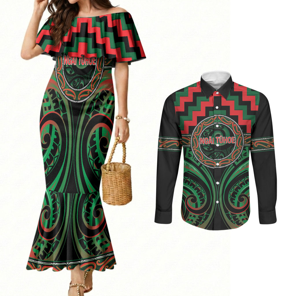 Aotearoa Ngai Tuhoe Personalised Couples Matching Mermaid Dress and Long Sleeve Button Shirt Maori Iwi Poutama Puhoro Tattoo