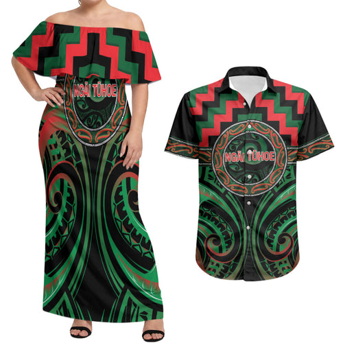 Aotearoa Ngai Tuhoe Personalised Couples Matching Off Shoulder Maxi Dress and Hawaiian Shirt Maori Iwi Poutama Puhoro Tattoo
