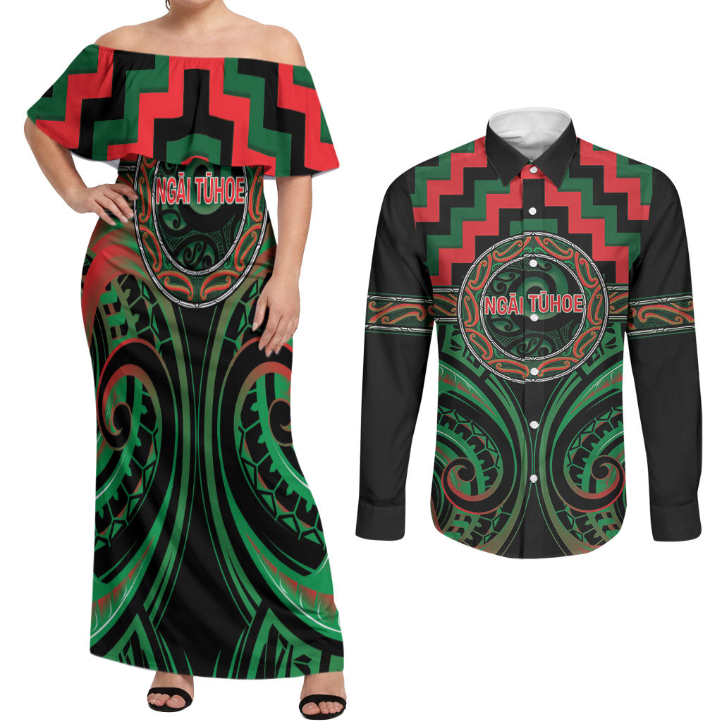 Aotearoa Ngai Tuhoe Personalised Couples Matching Off Shoulder Maxi Dress and Long Sleeve Button Shirt Maori Iwi Poutama Puhoro Tattoo