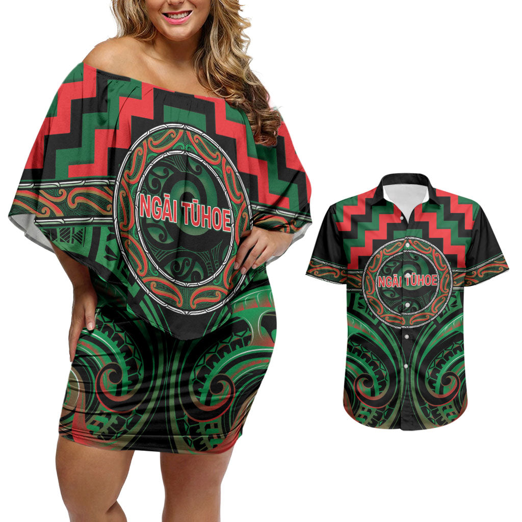 Aotearoa Ngai Tuhoe Personalised Couples Matching Off Shoulder Short Dress and Hawaiian Shirt Maori Iwi Poutama Puhoro Tattoo