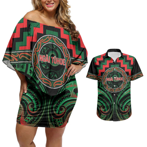 Aotearoa Ngai Tuhoe Personalised Couples Matching Off Shoulder Short Dress and Hawaiian Shirt Maori Iwi Poutama Puhoro Tattoo