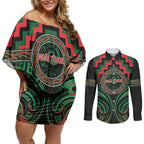 Aotearoa Ngai Tuhoe Personalised Couples Matching Off Shoulder Short Dress and Long Sleeve Button Shirt Maori Iwi Poutama Puhoro Tattoo