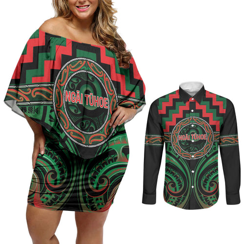 Aotearoa Ngai Tuhoe Personalised Couples Matching Off Shoulder Short Dress and Long Sleeve Button Shirt Maori Iwi Poutama Puhoro Tattoo