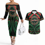 Aotearoa Ngai Tuhoe Personalised Couples Matching Off The Shoulder Long Sleeve Dress and Hawaiian Shirt Maori Iwi Poutama Puhoro Tattoo
