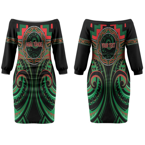 Aotearoa Ngai Tuhoe Personalised Couples Matching Off The Shoulder Long Sleeve Dress and Hawaiian Shirt Maori Iwi Poutama Puhoro Tattoo
