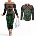 Aotearoa Ngai Tuhoe Personalised Couples Matching Off The Shoulder Long Sleeve Dress and Long Sleeve Button Shirt Maori Iwi Poutama Puhoro Tattoo