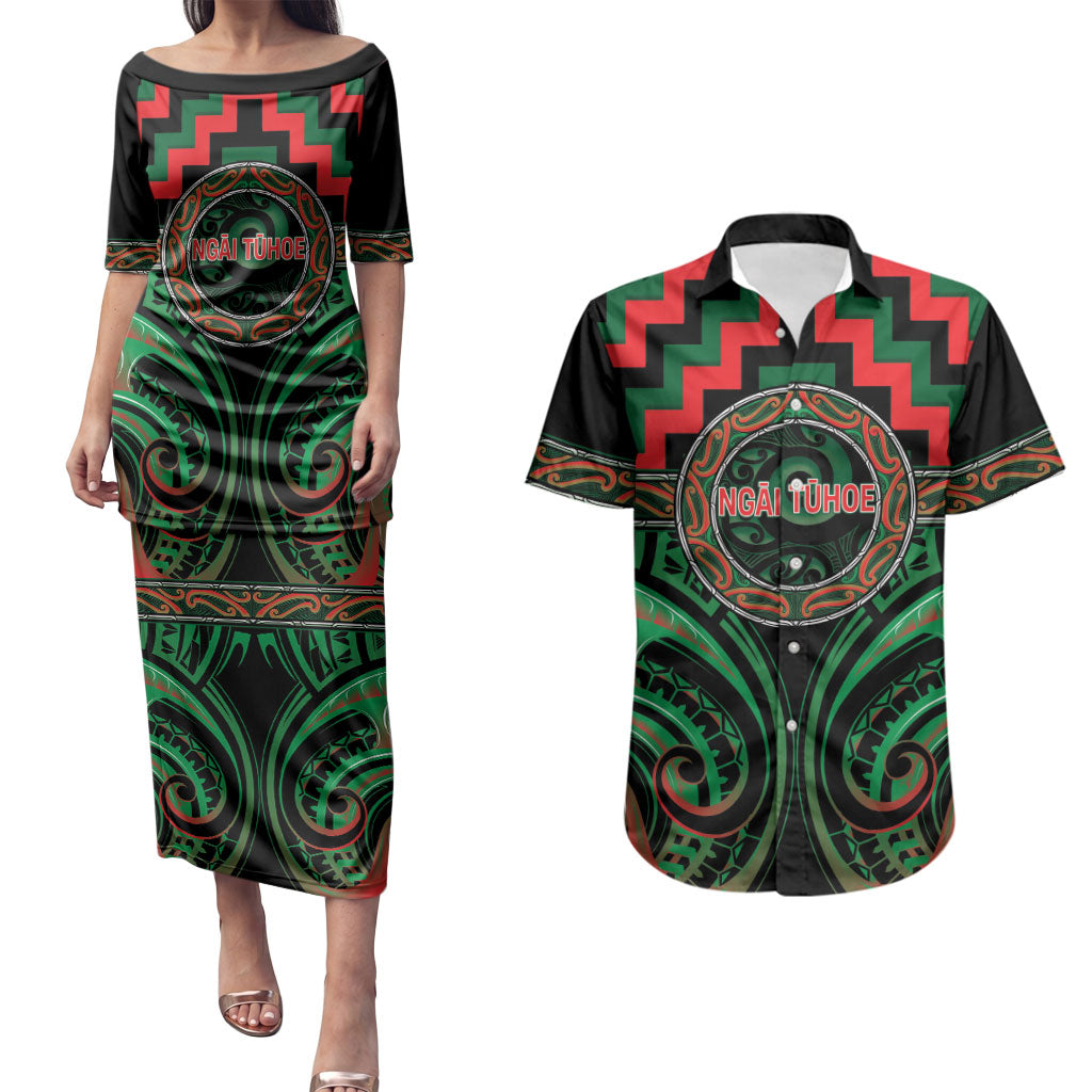 Aotearoa Ngai Tuhoe Personalised Couples Matching Puletasi and Hawaiian Shirt Maori Iwi Poutama Puhoro Tattoo