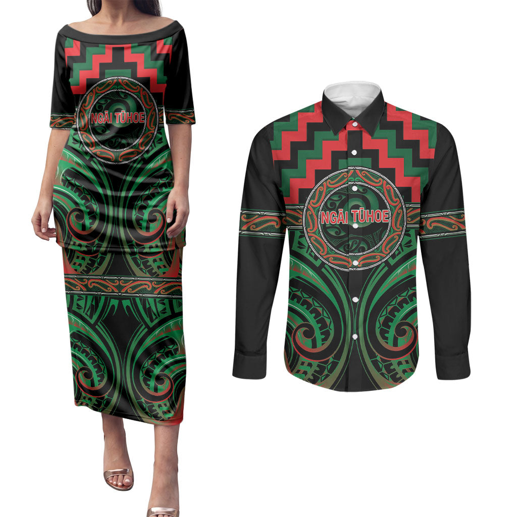 Aotearoa Ngai Tuhoe Personalised Couples Matching Puletasi and Long Sleeve Button Shirt Maori Iwi Poutama Puhoro Tattoo