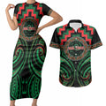 Aotearoa Ngai Tuhoe Personalised Couples Matching Short Sleeve Bodycon Dress and Hawaiian Shirt Maori Iwi Poutama Puhoro Tattoo