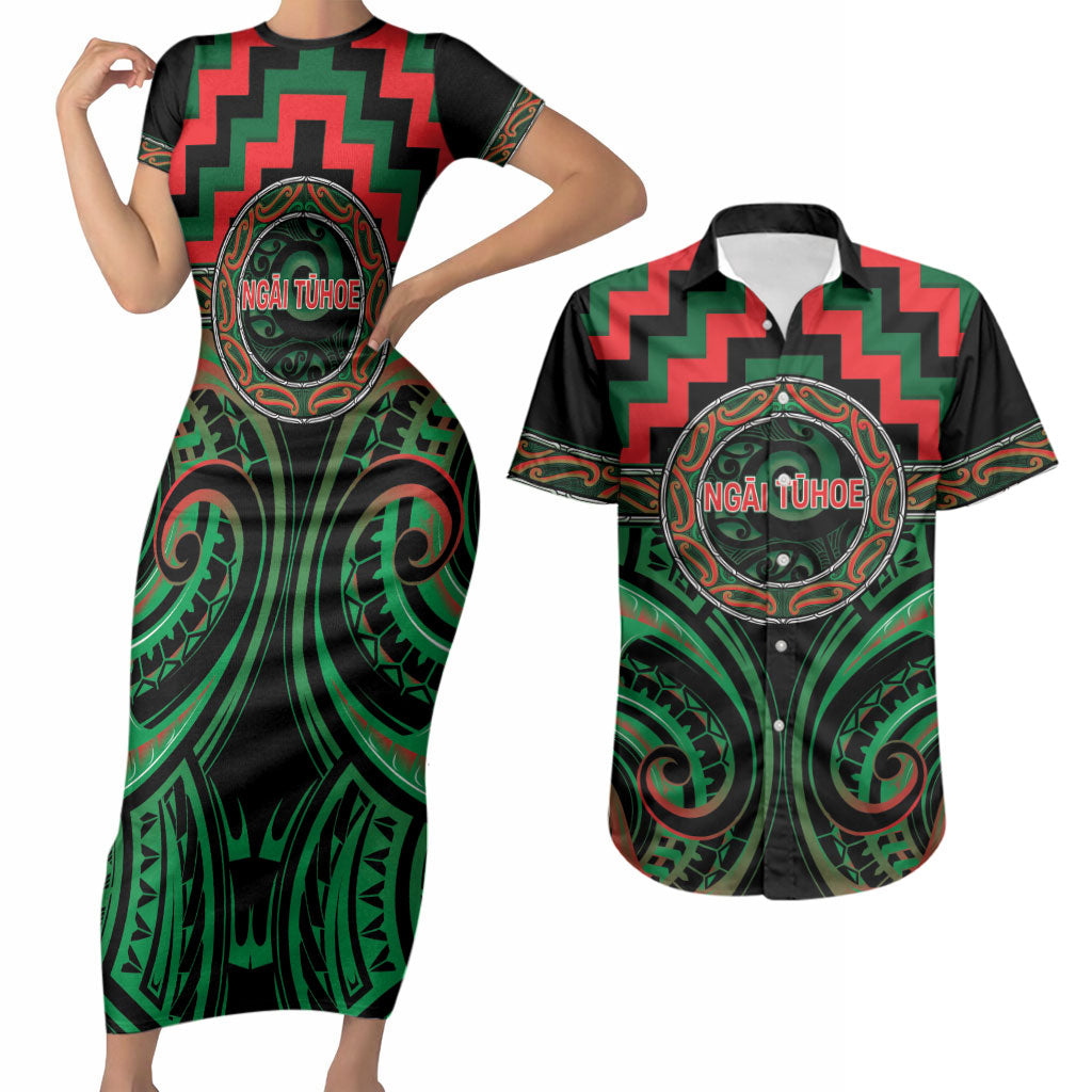 Aotearoa Ngai Tuhoe Personalised Couples Matching Short Sleeve Bodycon Dress and Hawaiian Shirt Maori Iwi Poutama Puhoro Tattoo